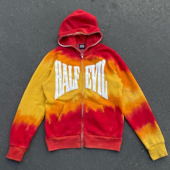 Half Evil Full Zip-Up Hoodie Yellow/Red